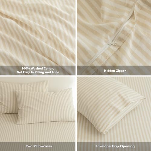 FOSSA Striped Duvet Cover Set 100% Washed Cotton Linen Feel Super Queen