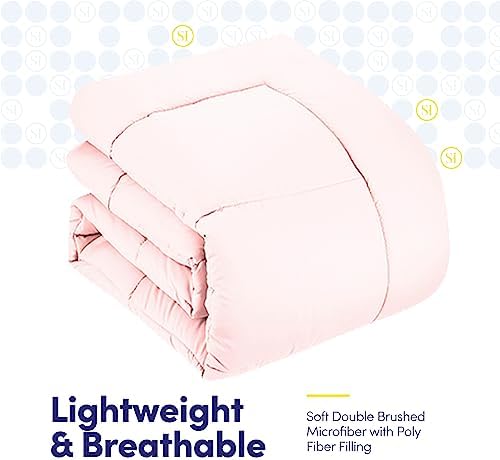Sweet Home Collection 7 Piece Comforter Set Bag Solid Color All Season Soft Down Alternative Blanket & Luxurious Microfiber Bed Sheets, Pale Pink, Queen