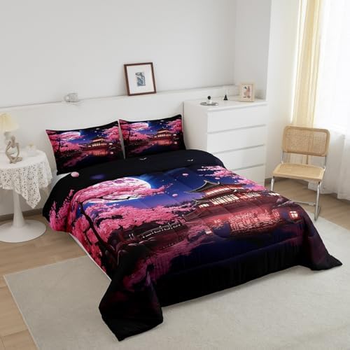 Pink Cherry Blossoms Comforter Set Full Size,Japanese Style Building View Bedding Set for Kids Girls Women Men Bedroom Decor,Night Moon Quilt Set Romantic Exotic Duvet Insert,2 Pillowcases
