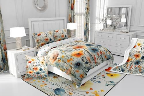 jejeloiu Boho Floral Comforter Set Queen Size Kids Coloful Flower Bedding Set for Boys Girls Teens Botanical Duvet Breathable Blossom Plant Aesthetic Quilt Bedroom Decor,1 Comforter with 2 Pillowcase