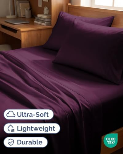 Twin XL 4 Piece Sheet Set - College Dorm Room Essentials - Deep Purple