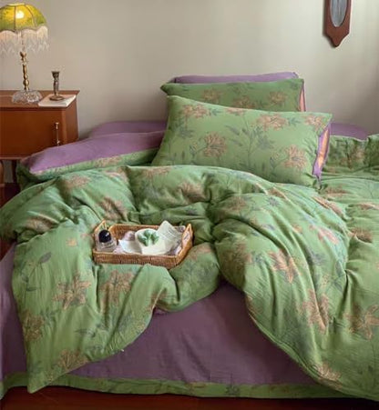 VM VOUGEMARKET Retro Flower Duvet Cover King,3Pcs Yarn-Dyed French Linen Jacquard Duvet Cover Set Mint Green Purple Bedding Set for Girls Women Without Comforter