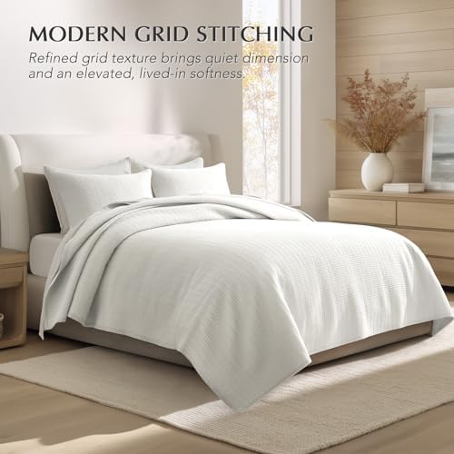 EverGrace 100% Cotton Modern Grid Stitch Quilt Set, King Size, Bright White