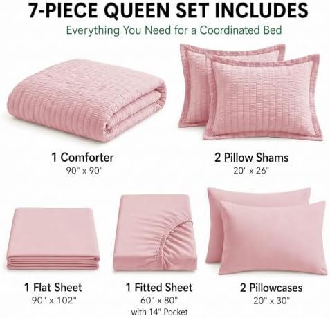 HIMEET Queen Comforter Set, 7-Piece Seersucker Bed in a Bag, Pink