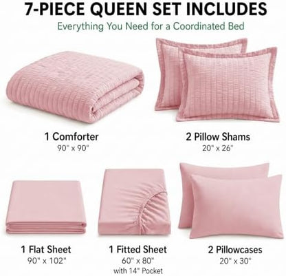 HIMEET Queen Comforter Set, 7-Piece Seersucker Bed in a Bag, Pink