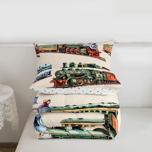 Erosebridal Boys Train Bedding Set King for Home, Vintage Steam Train Comforter Set, Steam Engine Comforter, Transportation Vehicle Quilt with 2 Pillowcases for Kids Teen Men Bedroom, Lightweight