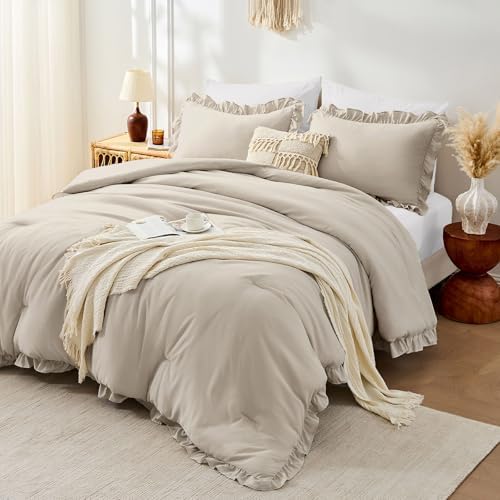 FUANNA Queen Comforter Set, 3 Pieces Bedding Sets, Ruffle Bed Set, Oatmeal