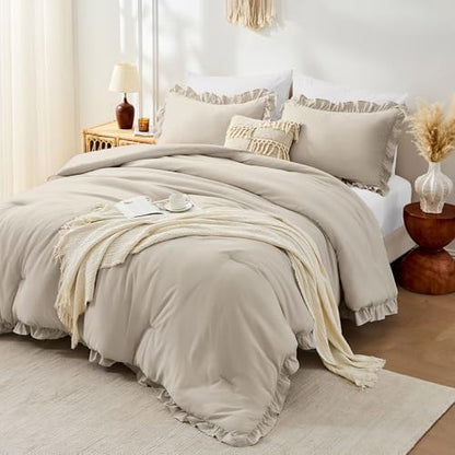 FUANNA Queen Comforter Set, 3 Pieces Bedding Sets, Ruffle Bed Set, Oatmeal