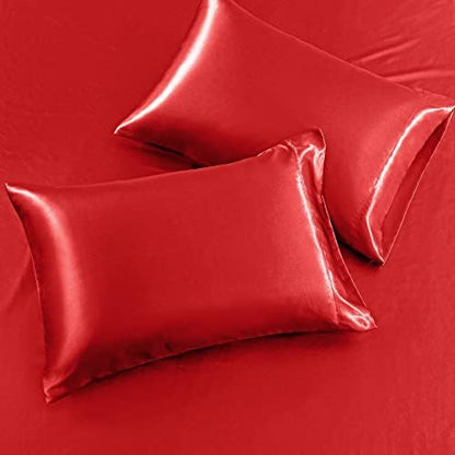 SiinvdaBZX 4Pcs Satin Sheet Set Full Size 15-Inch Deep Pocket, Red Orange