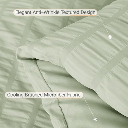 MUXHOMO 7 Pieces King Comforter Set, Seersucker Bed in a Bag King Size, All Season Luxury Bedding Set with Comforter, Flat Sheet, Fitted Sheet, Pillowcases & Shams, Light Green