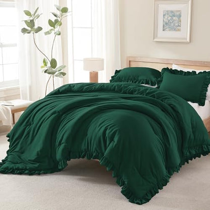Andency Dark Green Ruffle Comforter Twin Size, 2 Pieces Soft Bed Set