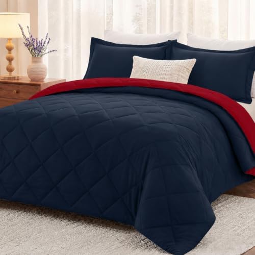 downluxe Queen Comforter Set Soft Reversible 3 Pieces, Red/Navy
