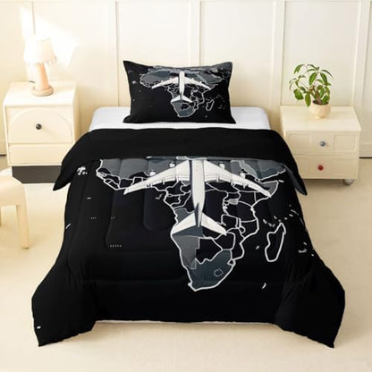 Erosebridal Airplane Toddler Comforter Set Aircraft Bedding Set Gradient Gray World Map Comforter for Kids Boys Girls Modern Transportation Plane Quilt Duvet