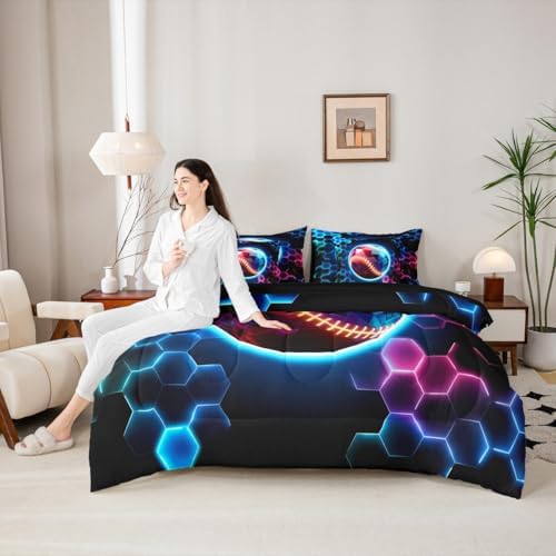 Erosebridal Baseball Full Bedding Set - 3D Glitter Ball Pattern Bed in A Bag,Colorful Neon Honeycomb Comforter Sets with Sheets, Geometric Hexagon 7 Pieces Bed Set Bedroom Decor