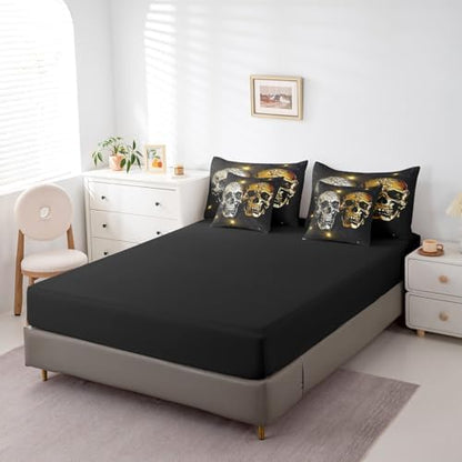 Erosebridal 7Pcs Gold Silver Skull Comforter Set Queen Size,Couple Skull Diamonds Bedding Set,Halloween Bones Skeleton Bed in A Bag,Romantic Gothic Sheet Set with Comforter