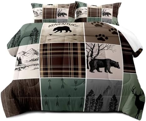 LUVIVIHOME 3PCS Rustic Cabin Comforter Set, Brown Plaid Patchwork Sage Green Queen Comforter, Black Bear Deer Elk Moose Woodland Forest Animal Wildlife Lodge Country Farmhouse Bedding, 2 Pillow Shams