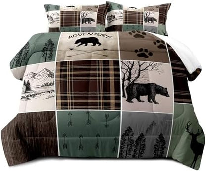 LUVIVIHOME 3PCS Rustic Cabin Comforter Set, Brown Plaid Patchwork Sage Green Queen Comforter, Black Bear Deer Elk Moose Woodland Forest Animal Wildlife Lodge Country Farmhouse Bedding, 2 Pillow Shams