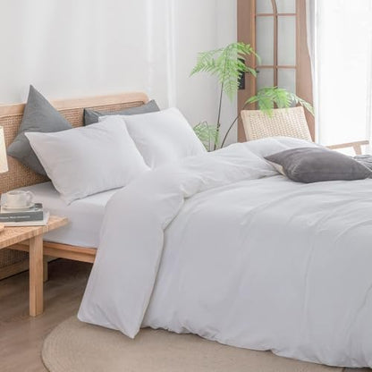BESTOUCH Cotton Solid Duvet Cover Set Linen Feel Bright White Alaska King