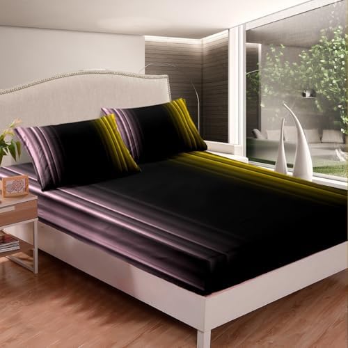Feelyou Teens Abstract Ombre Decorations Bedding Set for Kids Women Pink Yellow and Black Bed Sheets Set Geometric Modern Fitted Sheet Sets Room 4Pcs King Size
