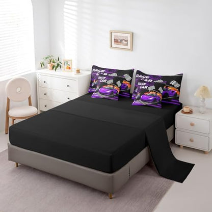 Feelyou Purple Race car Comforter Set Full Size 7 Pcs Bedding Set Kids