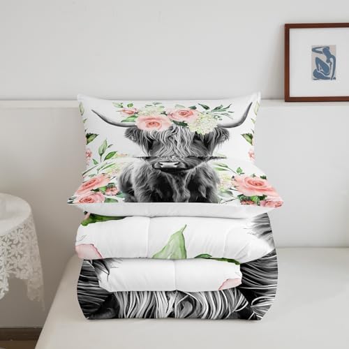 Feelyou Highland Cow Bedding Set Kids Rose Floral Bull Cattle Comforter Set for Girls Teens Western Wildlife Animal Comforter Farmhouse Duvet Set Room Decor Quilt Set Queen Size