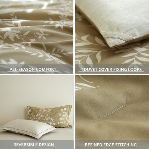 Comforter Queen Size - 100% Cotton Gradient Mustard Yellow Floral Reversible Comforter Set, Luxury and Breathable Bedding Set for All Season, 3 Pieces, 90"x90"