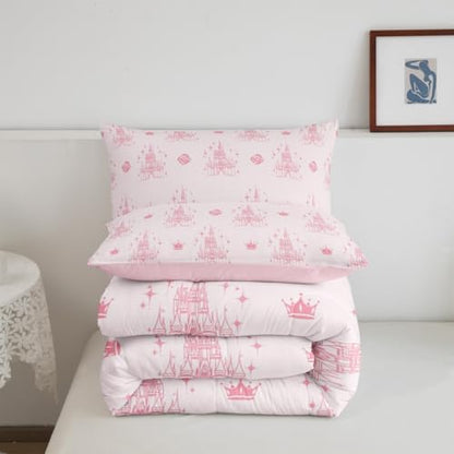 Manfei Dreamy Castle Comforter Set Toddler Size, Pink Floral Crown Print Bedding Set 2pcs, Cute Magical Princess Down Comforter All Season, Kids Girls Room Decor, Soft and Breathable, 1 Pillowcase