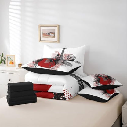 Erosebridal Guitar 7 Piece Bedding Set Queen Rock Music Comforter Set with Sheets Electric Guitar Bed in A Bag Black Spiral Grunge Style Bed Sets with 2 Pillowcases, 2 Throw Pillow Covers