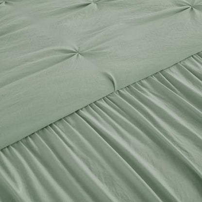 Chezmoi Collection Aria 3-Piece Pintuck Ruffle Skirt Bedspread Set - Lightweight Pinch Pleat Crinkled Texture Microfiber Bedding - French Country Chic Farmhouse - Queen, Sage Green