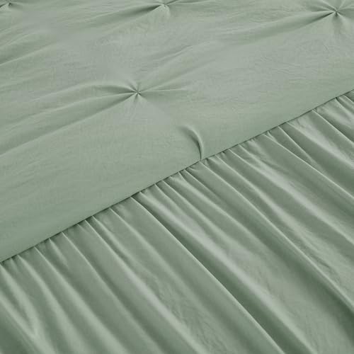 Chezmoi Collection Aria 3-Piece Pintuck Ruffle Skirt Bedspread Set - Lightweight Pinch Pleat Crinkled Texture Microfiber Bedding - French Country Chic Farmhouse - Full, Sage Green