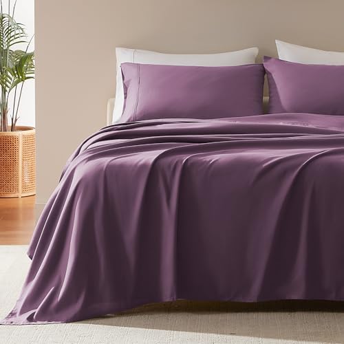 SLEEP ZONE Nanotex Super Soft Cooling King Bed Sheets Set 4 Piece - Easy Care Fitted Flat Sheet & Pillowcase Sets - Wrinkle Free, Fade Resistant, Deep Pocket 16" (Purple, King)