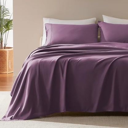 SLEEP ZONE Nanotex Super Soft Cooling King Bed Sheets Set 4 Piece - Easy Care Fitted Flat Sheet & Pillowcase Sets - Wrinkle Free, Fade Resistant, Deep Pocket 16" (Purple, King)