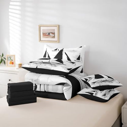Erosebridal 7Pcs Black Sailboat Comforter Set King Size,Sailing Ship Pirate Themed Bedding Set,Nautical Vintage Sailboat Bed in A Bag,Black Sketch Tie Dye Sheet Set with Comforter