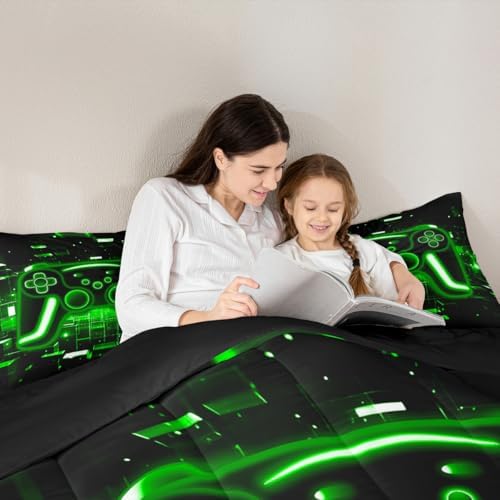 Erosebridal Gaming Comforter Set Gamer Girl Toddler Bedding Set, Neon Lights Retro Game Console Comforter Green Brick Cube Quilt,Game Room Decor