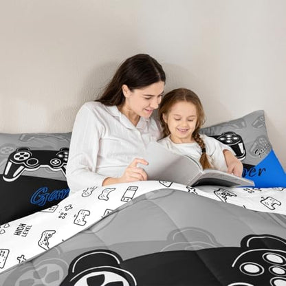Feelyou Gaming Comforter for Boys Teen Video Game Bedding Set for Kids Gamer Comforter for All Season Gamepad Home Decor for Comforter Set Toddler Size,1 Comforter with 1 Pillowcase Blue Black Grey