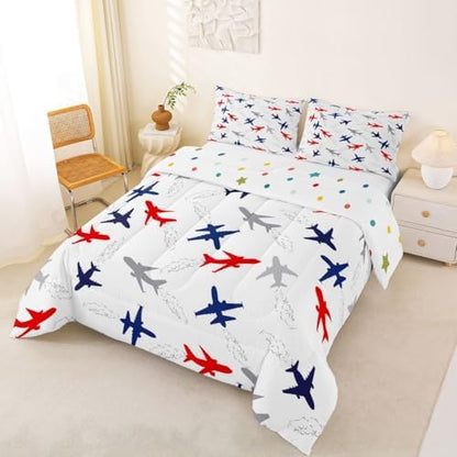 Feelyou Aircraft Flying Comforter Set Full Size Airplane Print Bedding Set for Kids Boys Girls Air Transport Duvet Quilt Bedroom Decor Microfiber 3 Pcs with 2 Pillow Cases