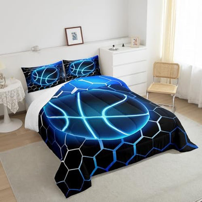 Manfei Basketball Comforter Set King Size, Blue Honeycomb Bedding Set 3pcs for Kids Boys Teen Bedroom Decor, Sports Gaming Theme Quilt Set Geometric Neon Lines Duvet Set with 2 Pillowcases