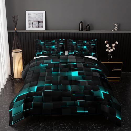Nttopship Neon Turquoise Black Comforter Set Full Geometric Kids Bedding Set,3 PCS Geometry Honeycomb Bed Set Modern Quilt Set 1 Comforter 2 Pillow Cases Cool Room Decor All Season B-Side Black