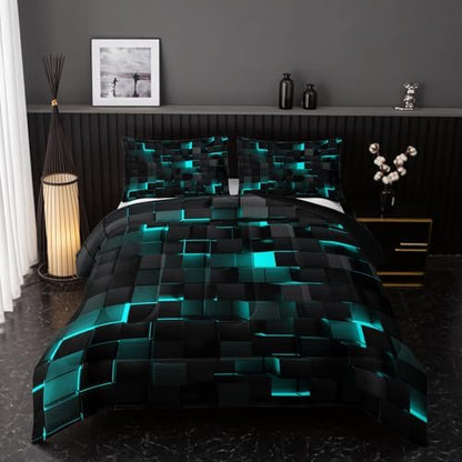 Nttopship Neon Turquoise Black Comforter Set Full Geometric Kids Bedding Set,3 PCS Geometry Honeycomb Bed Set Modern Quilt Set 1 Comforter 2 Pillow Cases Cool Room Decor All Season B-Side Black