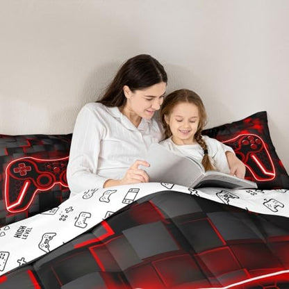 Feelyou Kids Gamer Comforter Set Queen Size Red Black Bedding Set Boys