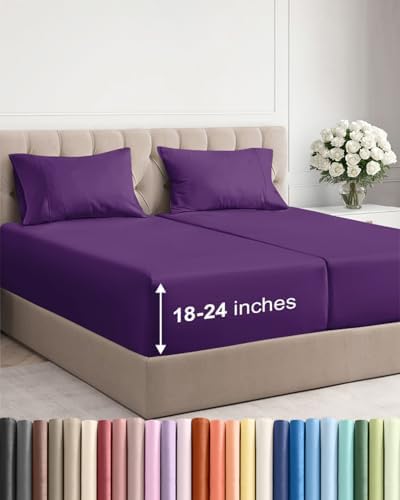 Extra Deep Split King Sheet Set - 5 Piece Soft & Cooling Sheets - Purple