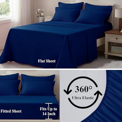 ELNIDO QUEEN® King Size Comforter Set Navy - 7 Pieces King Bed in a Bag, Bed Set All Seasons, Soft Navy Bedding Sets with Dark Blue Comforter, Flat Sheet, Fitted Sheet, Pillowcases and Pillow Shams