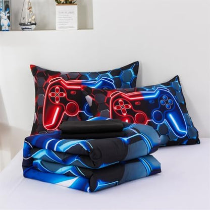 NTBED 3D Gaming Comforter Set for Boys Kids Teens,5pcs Gamer Bedding Sets with Sheet,Game Console Bed in a Bag (Red Blue, Full)
