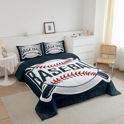 Manfei Baseball Comforter Set King Size Sports Theme Bedding Set 3pcs for Kids Boys Teens Bedroom Decor, Vintage Sports Baseball Gaming Duvet Insert Navy Blue Quilted Duvet with 2 Pillowcases