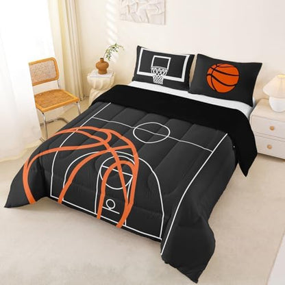 Castle Fairy Basketball Court Print Comforter Set for Kids Boys,Ball Sports Games Themed All Season Cozy Bedding Set Twin Size,Orange Basketball and Hoop Quilt Set Home Decor,Children Birthday Gift