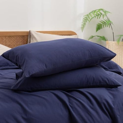 BESTOUCH Cotton Solid Duvet Cover Set Linen Feel Navy Blue Super King