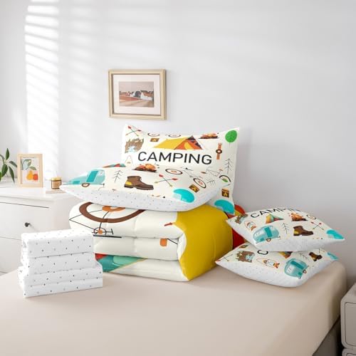 Erosebridal 7 Piece Happy Camping Full Comforter Set for Camper,RV Bunk Bedding Sets with Sheets for Kids Boys Girls,Travel Trailer Tent Decor Bed Set with Fitted Sheet+Flat Sheet,Pillowcases