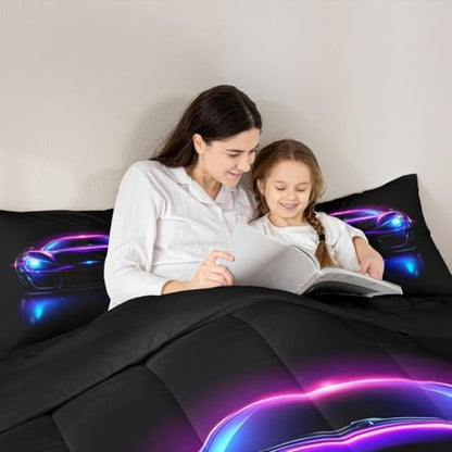 Erosebridal 3 Pieces Race Car Comforter Set King Size Purple Blue Black Sports Car Bedding Sets for Boy Car Room Decor 3D Geometric Bed in A Bag with 1 Comforter,2 Pillowcases,Colorful,All Season