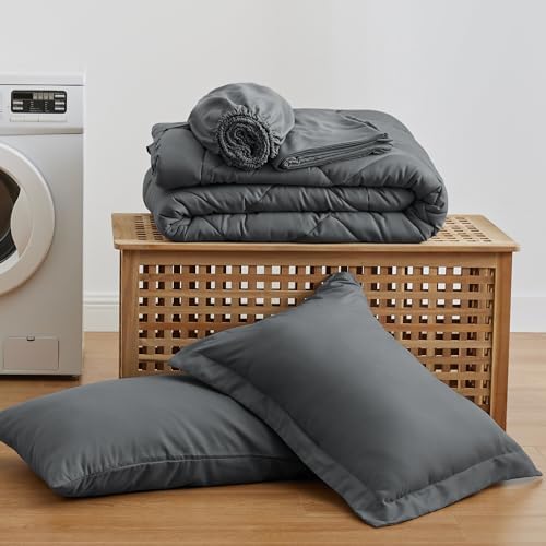 Love's cabin Twin XL Comforter Set Dark Grey, 5 Pieces Twin XL Bed in a Bag, All Season Bedding Sets with 1 Comforter, 1 Flat Sheet, 1 Fitted Sheet, 1 Pillowcase and 1 Pillow Sham