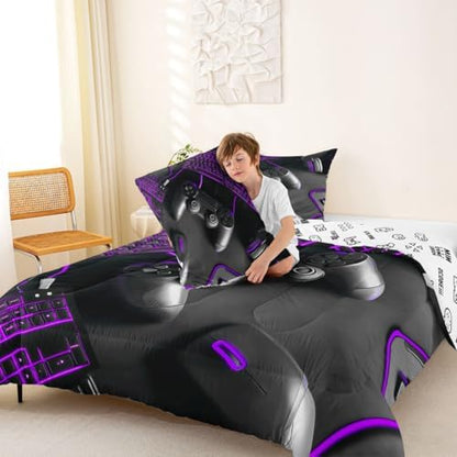 Feelyou Gamer Kids Comforter Set King Size Gaming Bedding Set Game Room Decor Duvet Quilt for Kids Boys Girls Bedroom Gamepad Decor Purple Microfiber Ultra Soft Breathable